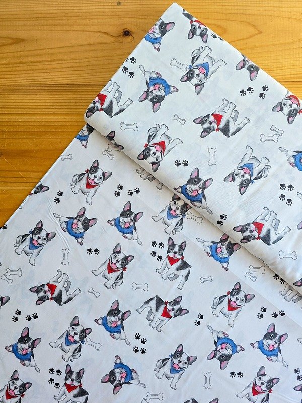 Tela Sarga Caras de Perros y Huesos Fondo Azul