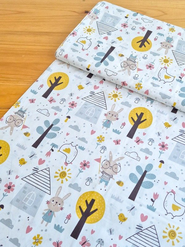 Tela Sarga Conejos, Árboles y Flores del Bosque