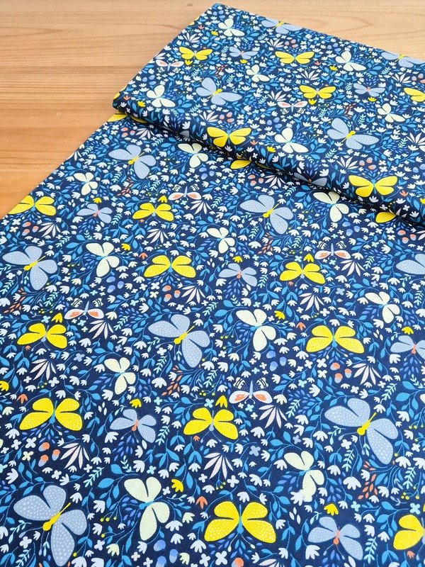 Tela Sarga Mariposas Amarillas Fondo Azul Oscuro