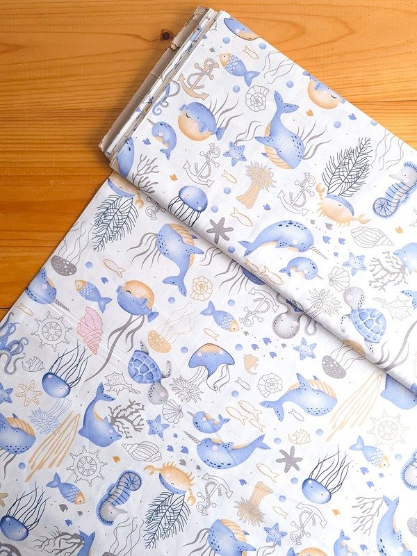 Tela Sarga Delfines y Animales Marinos Fondo Blanco