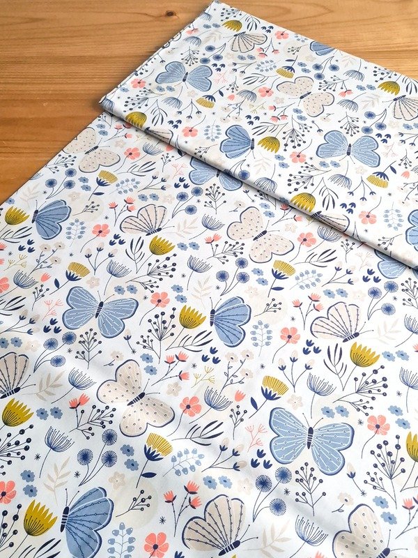 Tela Sarga Mariposas Azul y Amarillo Fondo Blanco