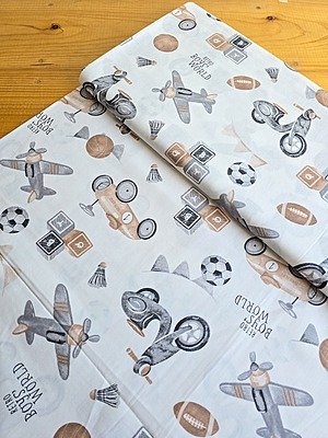 Tela Sarga Motos, Aviones y Balones "It's a Boy's World!"