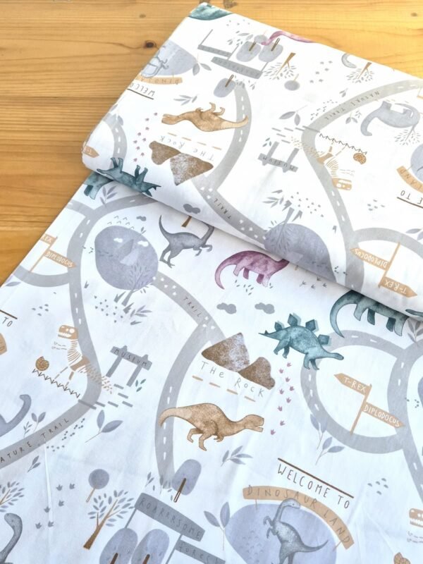 Tela Sarga Dinosaur Land con diseño de mapa de dinosaurios vista a 45 grados