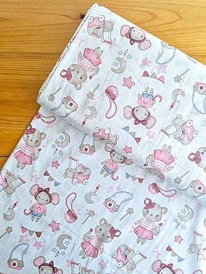 Tela sarga (tela crea), tela de algodón con estampado de ratoncitos y juguetes de bebé ideal para confección, ropa infantil y manualidades