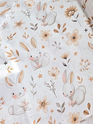 Tela Sarga Conejitos y Flores Ocre